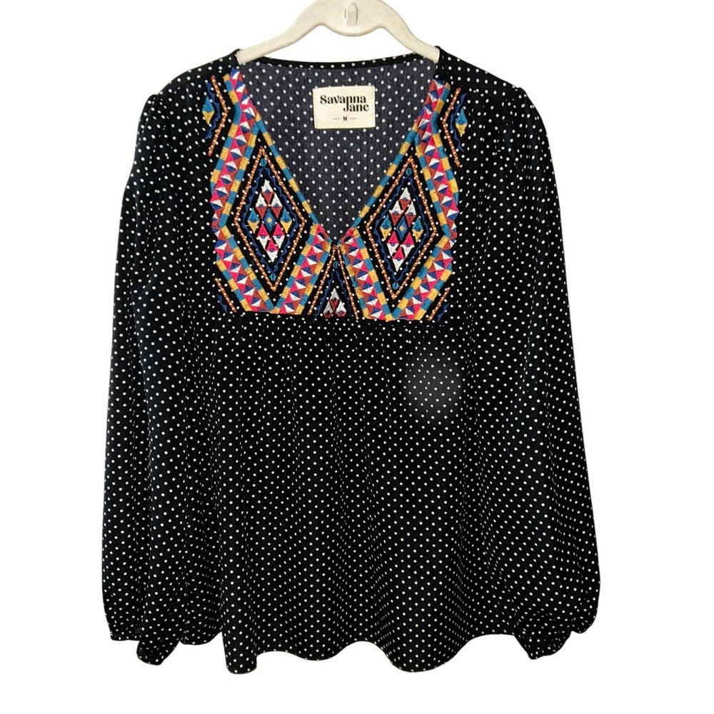 Savanna Jane Polka Dot Embroidered V-Neck Blouse Black‎ White Boho Top Medium